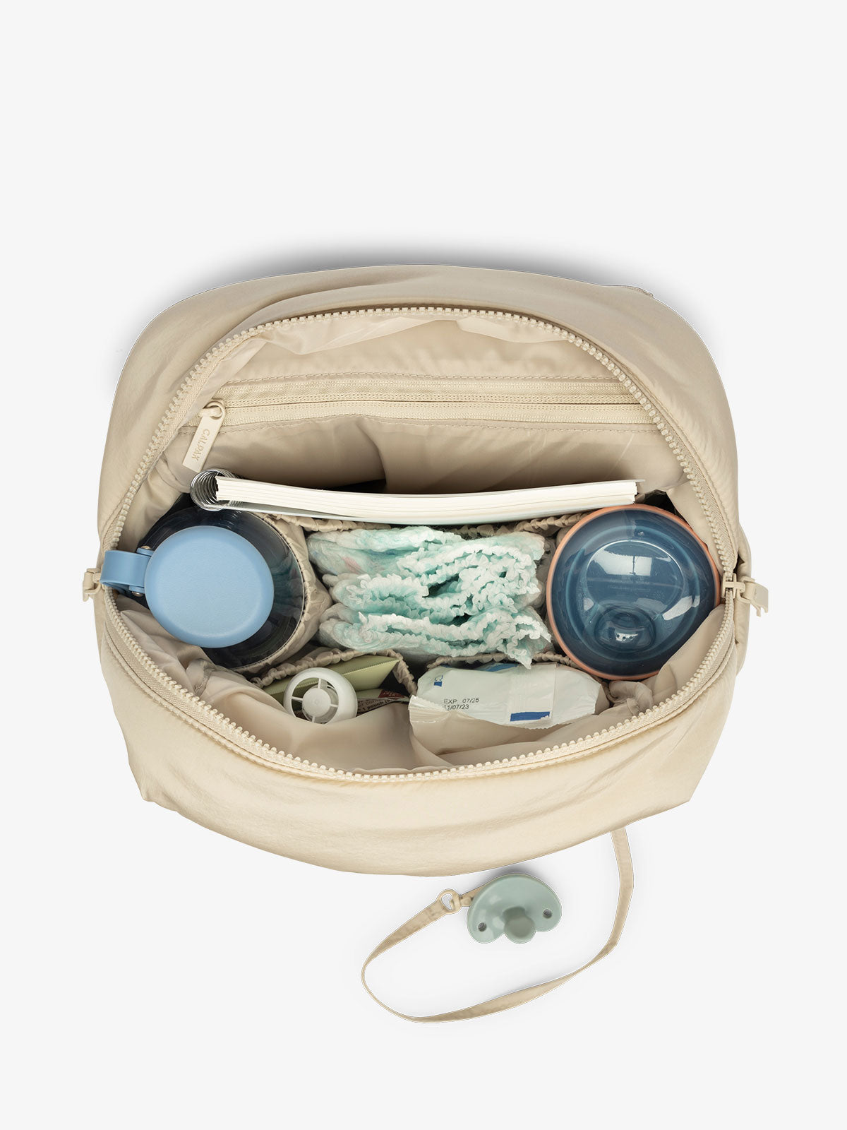 CALPAK mini diaper backpack with multiple interior pockets, bottle pockets, and 11 inch tablet sleeve in beige oatmeal; BPC2401-OATMEAL, BBPC2401-OATMEAL