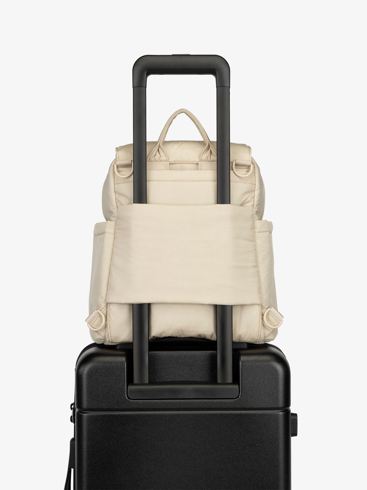 Oatmeal CALPAK Convertible Mini Diaper Backpack with luggage trolley sleeve, transport handle, and D-ring attachments; BPC2401-OATMEAL, BBPC2401-OATMEAL