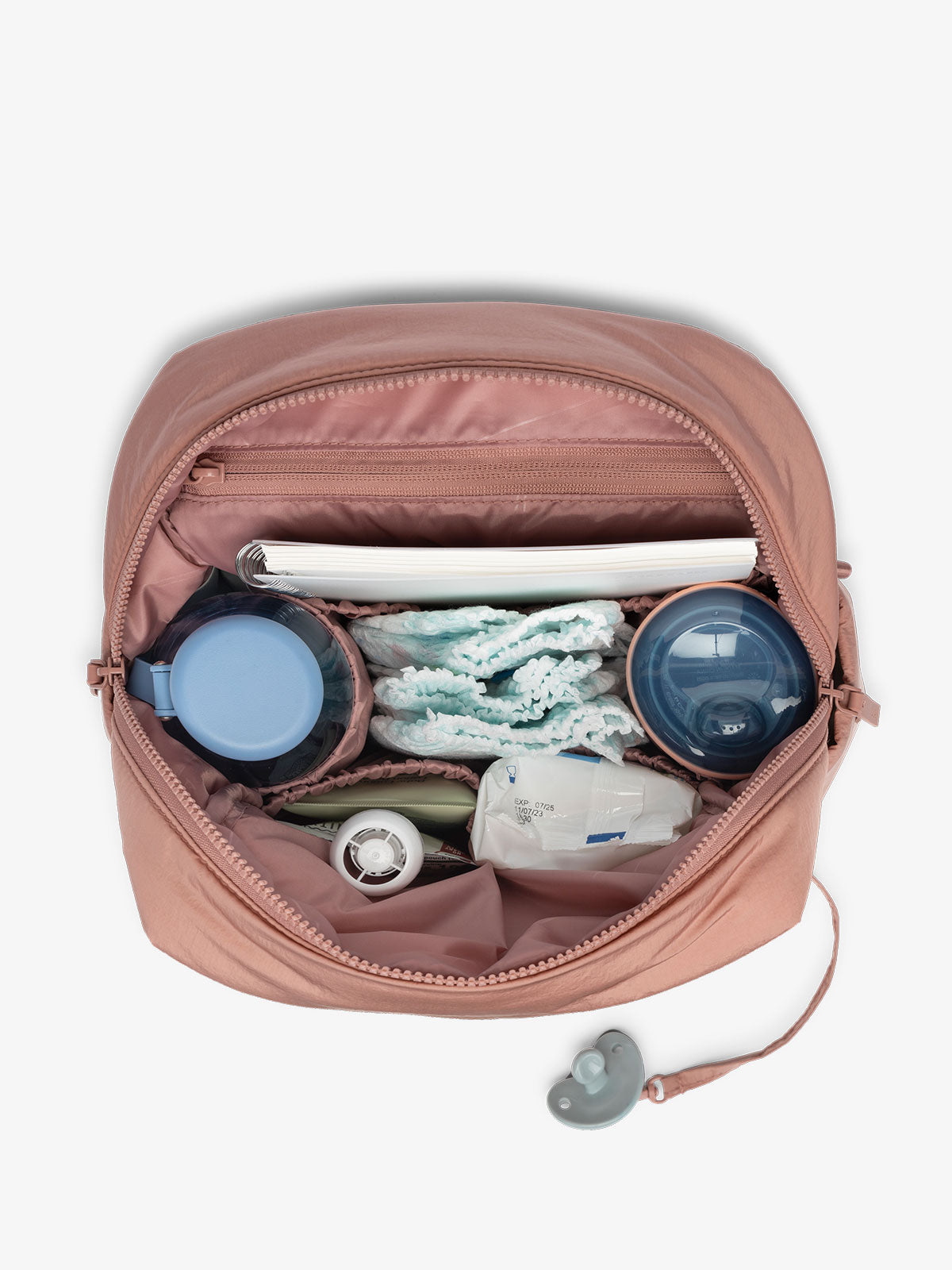 CALPAK mini diaper backpack with multiple interior pockets, bottle pockets, and 11 inch tablet sleeve in pink peony; BPC2401-PEONY, BBPC2401-PEONY
