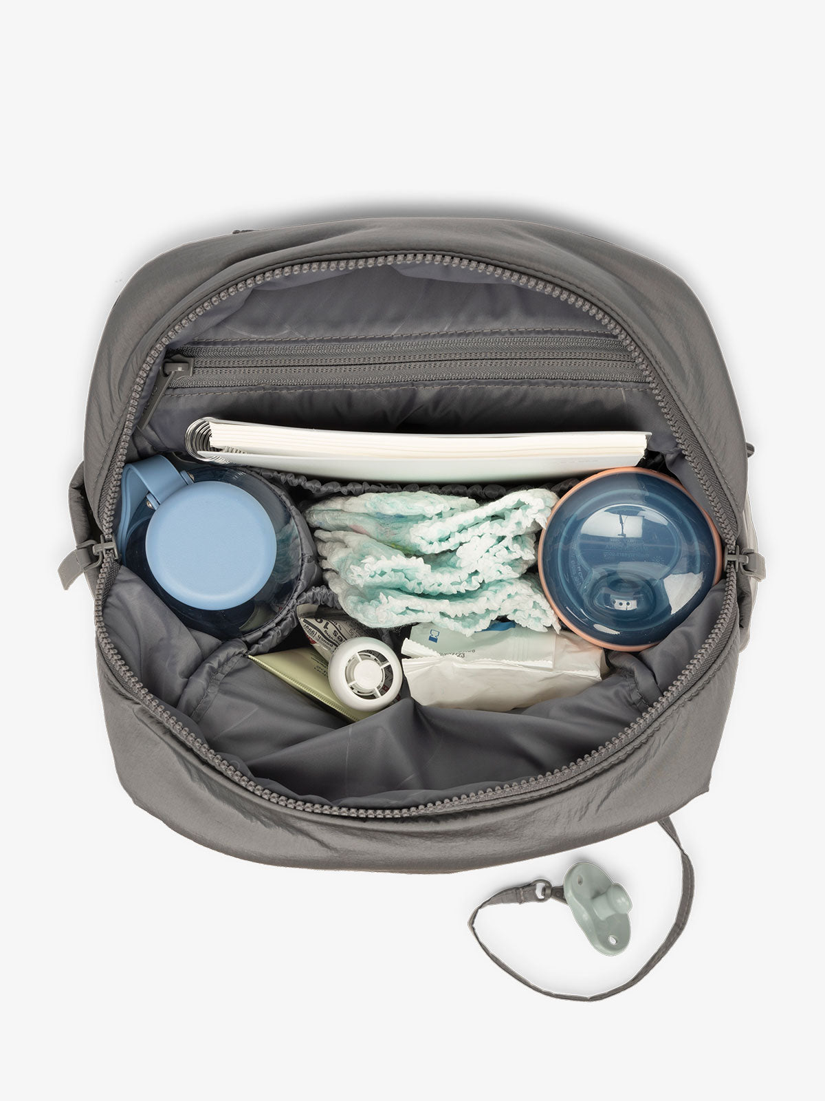 CALPAK mini diaper backpack with multiple interior pockets, bottle pockets, and 11 inch tablet sleeve in slate gray; BPC2401-SLATE, BBPC2401-SLATE