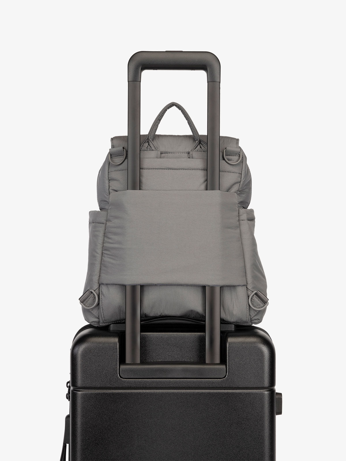 Slate CALPAK Convertible Mini Diaper Backpack with luggage trolley sleeve, transport handle, and D-ring attachments; BPC2401-SLATE, BBPC2401-SLATE