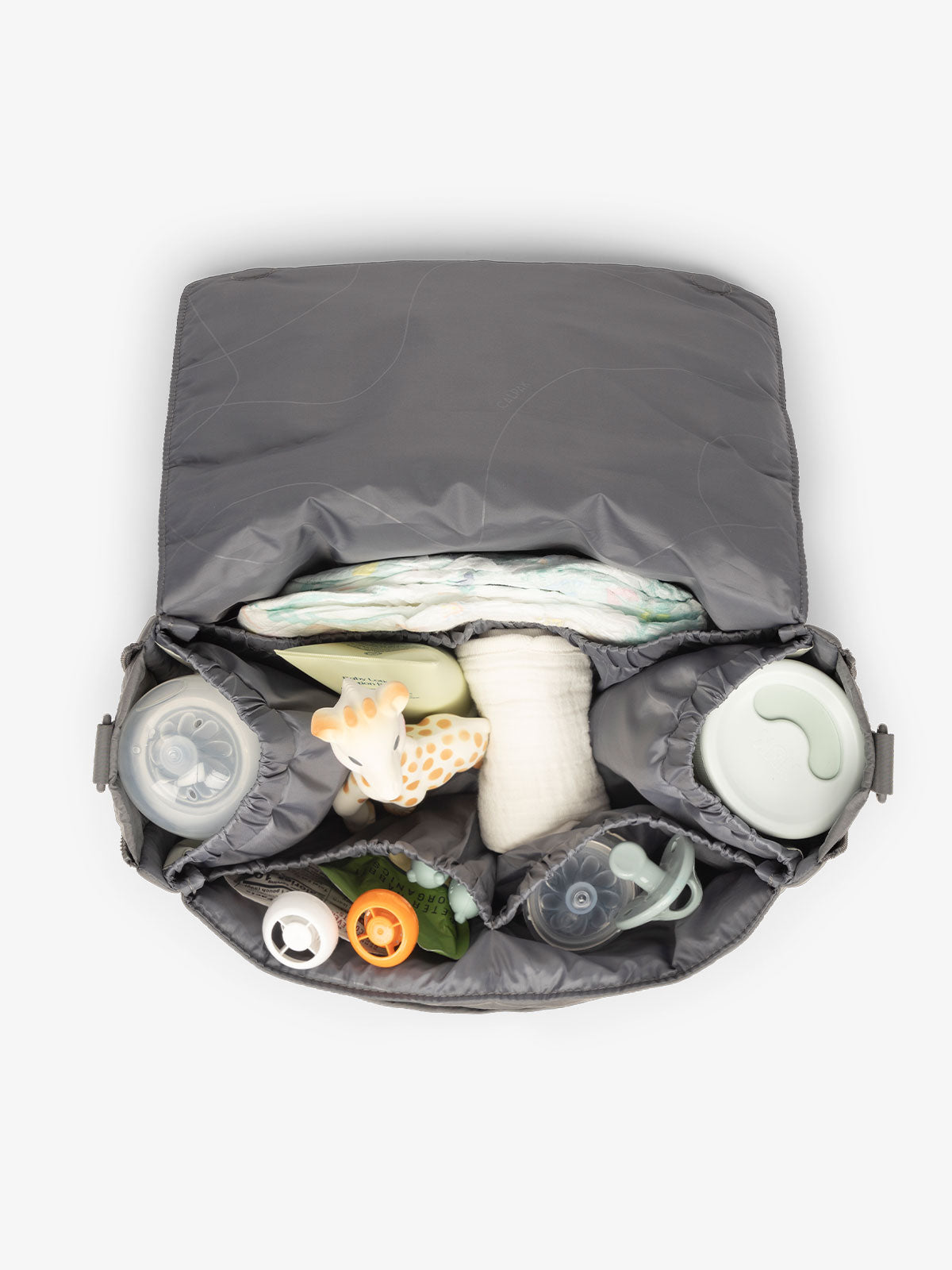 CALPAK convertible stroller caddy crossbody bag with 2 insulated bottle pockets, multiple interior pockets, and expandable sides for extra storage space in slate; SCB2401-SLATE