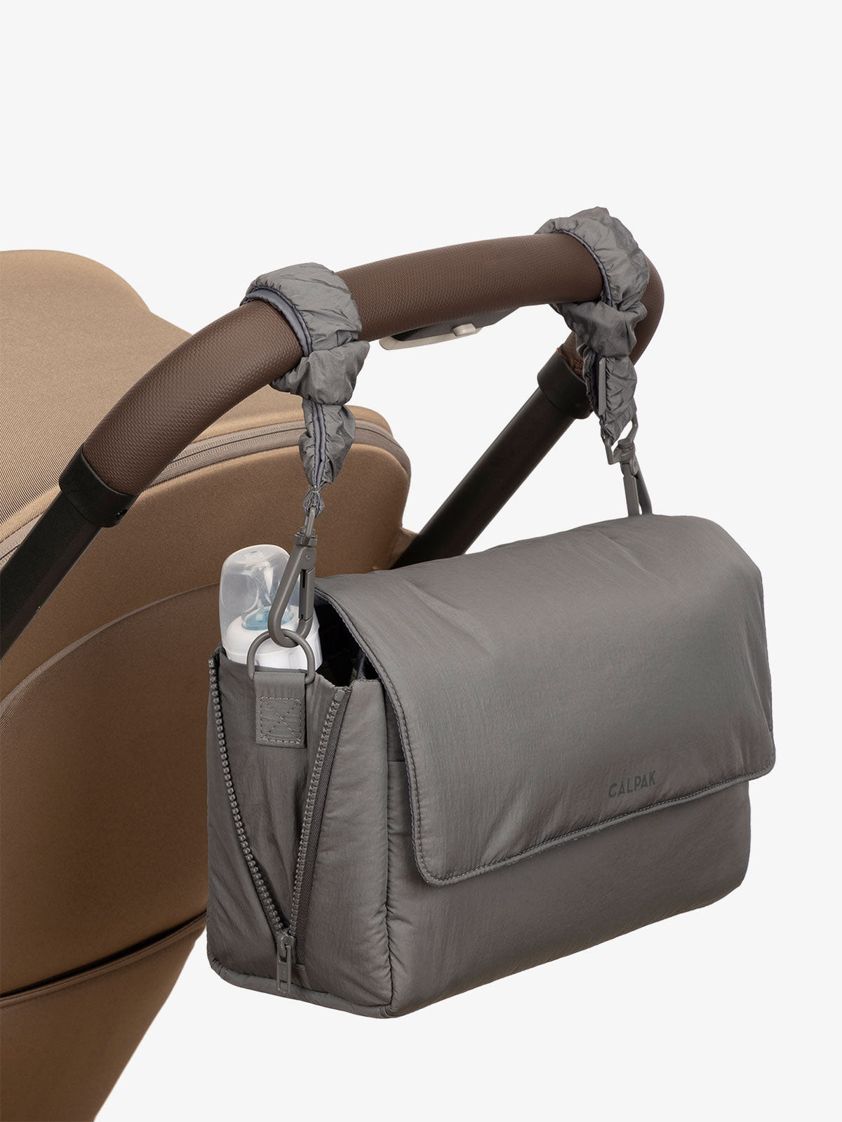 CALPAK Convertible Stroller Caddy Crossbody with included stroller straps in slate gray; SCB2401-SLATE