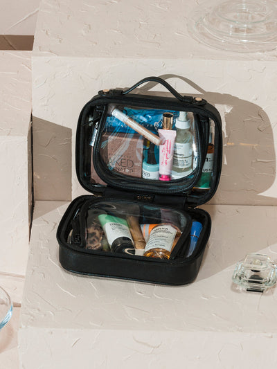 CALPAK small clear cosmetics case with black handles; CCM2001-BLACK view 2