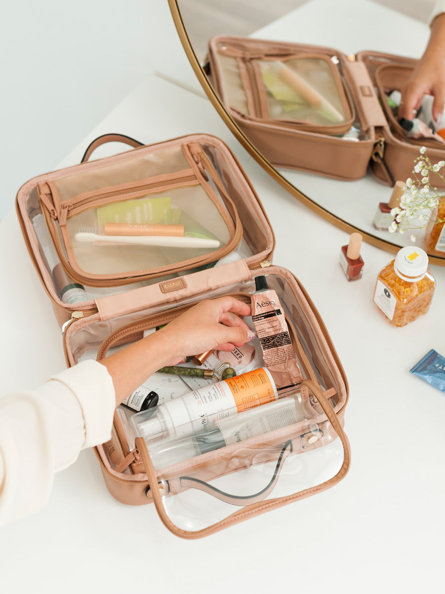 CALPAK clear large cosmetic bag for travel; CCC2001-CARAMEL