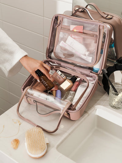 CALPAK clear makeup bag with compartments; CCC2001-MAUVE