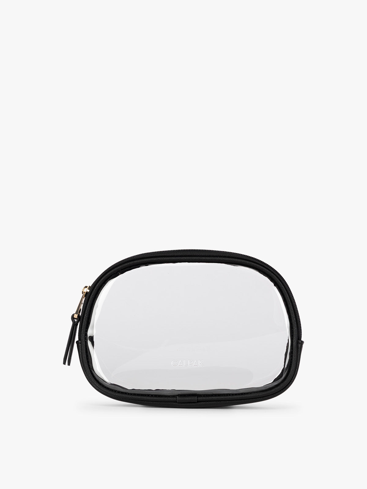 A clear zippered CALPAK Clear Quart Zip Pouch in with a Black border and a small black tassel zipper pull, shown on a plain white background; CQZP2601-BLACK