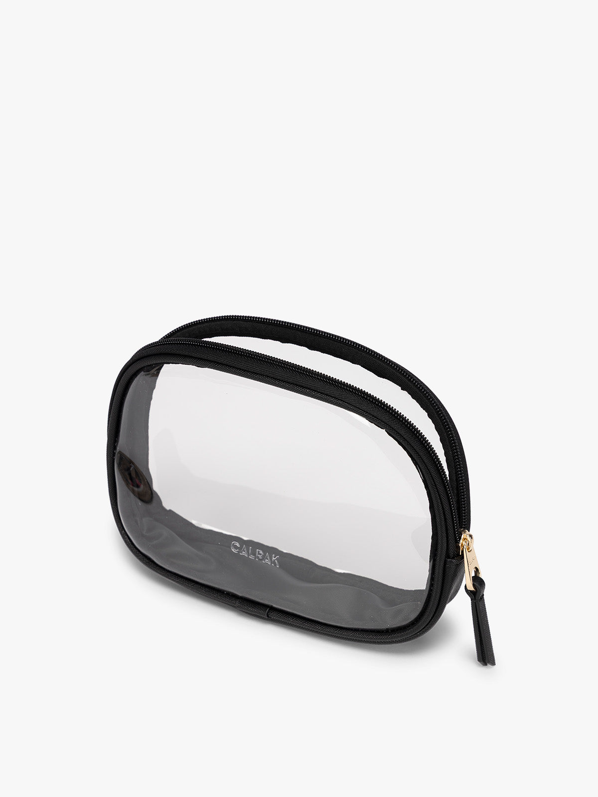 Side view of a clear zippered CALPAK Clear Quart Zip Pouch in with a Black border and a small black tassel zipper pull, shown on a plain white background; CQZP2601-BLACK