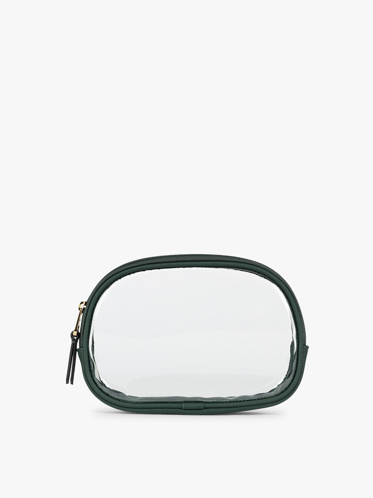 A clear zippered CALPAK Clear Quart Zip Pouch in with a dark green Emerald border and a small black tassel zipper pull, shown on a plain white background; CQZP2601-EMERALD
