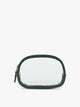 A clear zippered CALPAK Clear Quart Zip Pouch in with a dark green Emerald border and a small black tassel zipper pull, shown on a plain white background; CQZP2601-EMERALD