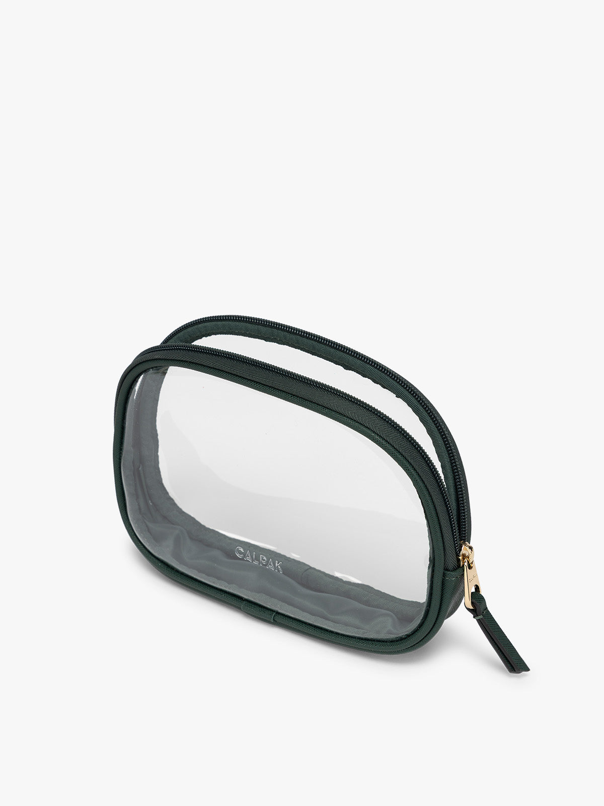 Side view of a clear zippered CALPAK Clear Quart Zip Pouch in with a dark green Emerald border and a small black tassel zipper pull, shown on a plain white background; CQZP2601-EMERALD