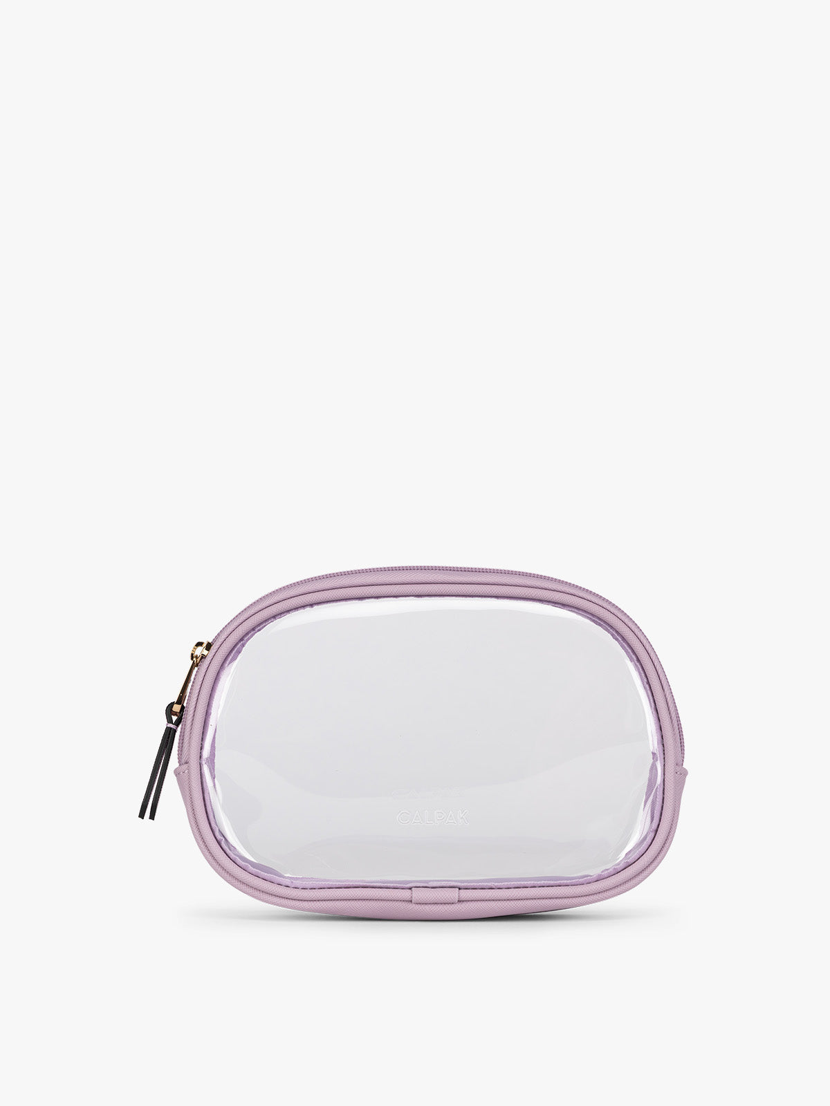 A clear zippered CALPAK Clear Quart Zip Pouch in with a light purple Lavender border and a small black tassel zipper pull, shown on a plain white background; CQZP2601-LAVENDER