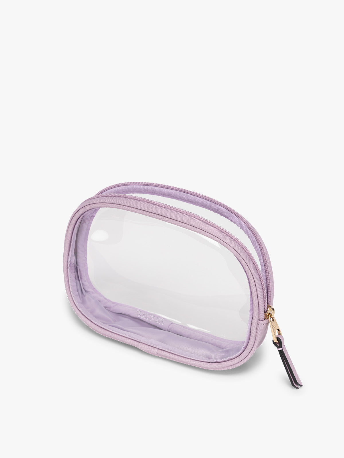 Side view of a clear zippered CALPAK Clear Quart Zip Pouch in with a light purple Lavender border and a small black tassel zipper pull, shown on a plain white background; CQZP2601-LAVENDER