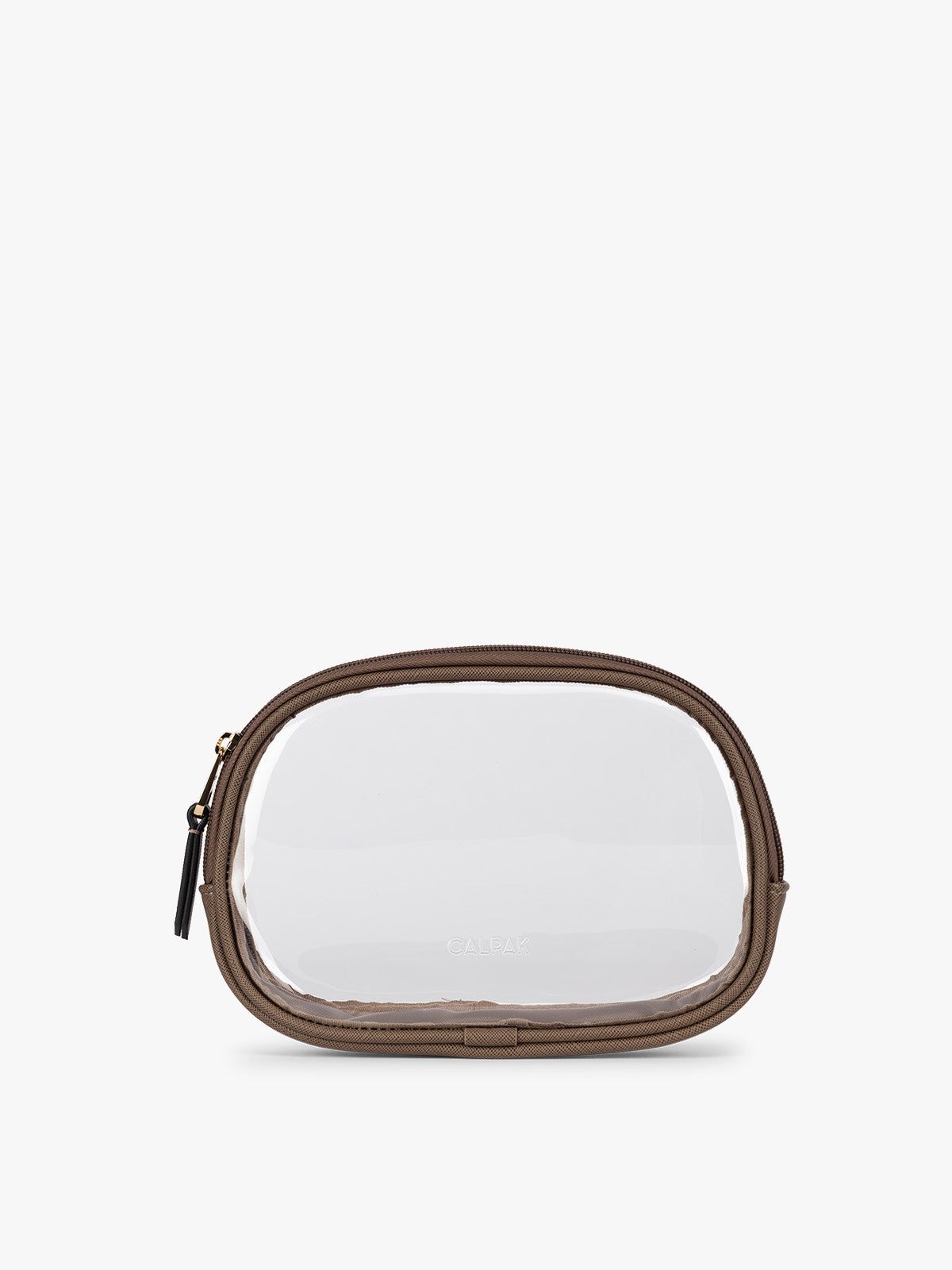 A clear zippered CALPAK Clear Quart Zip Pouch in with a brown Mocha border and a small black tassel zipper pull, shown on a plain white background; CQZP2601-MOCHA