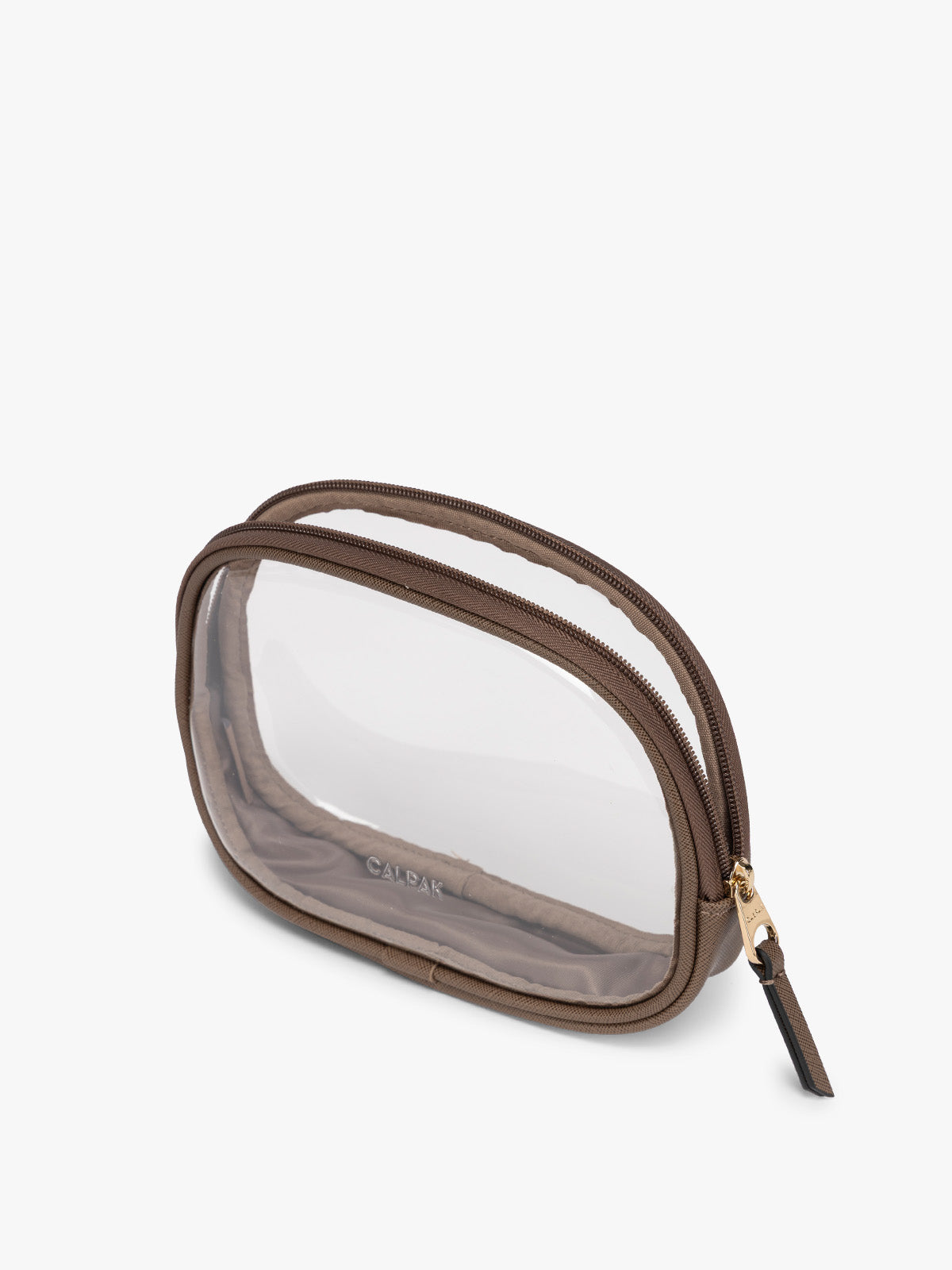 Side view of a clear zippered CALPAK Clear Quart Zip Pouch in with a brown Mocha border and a small black tassel zipper pull, shown on a plain white background; CQZP2601-MOCHA