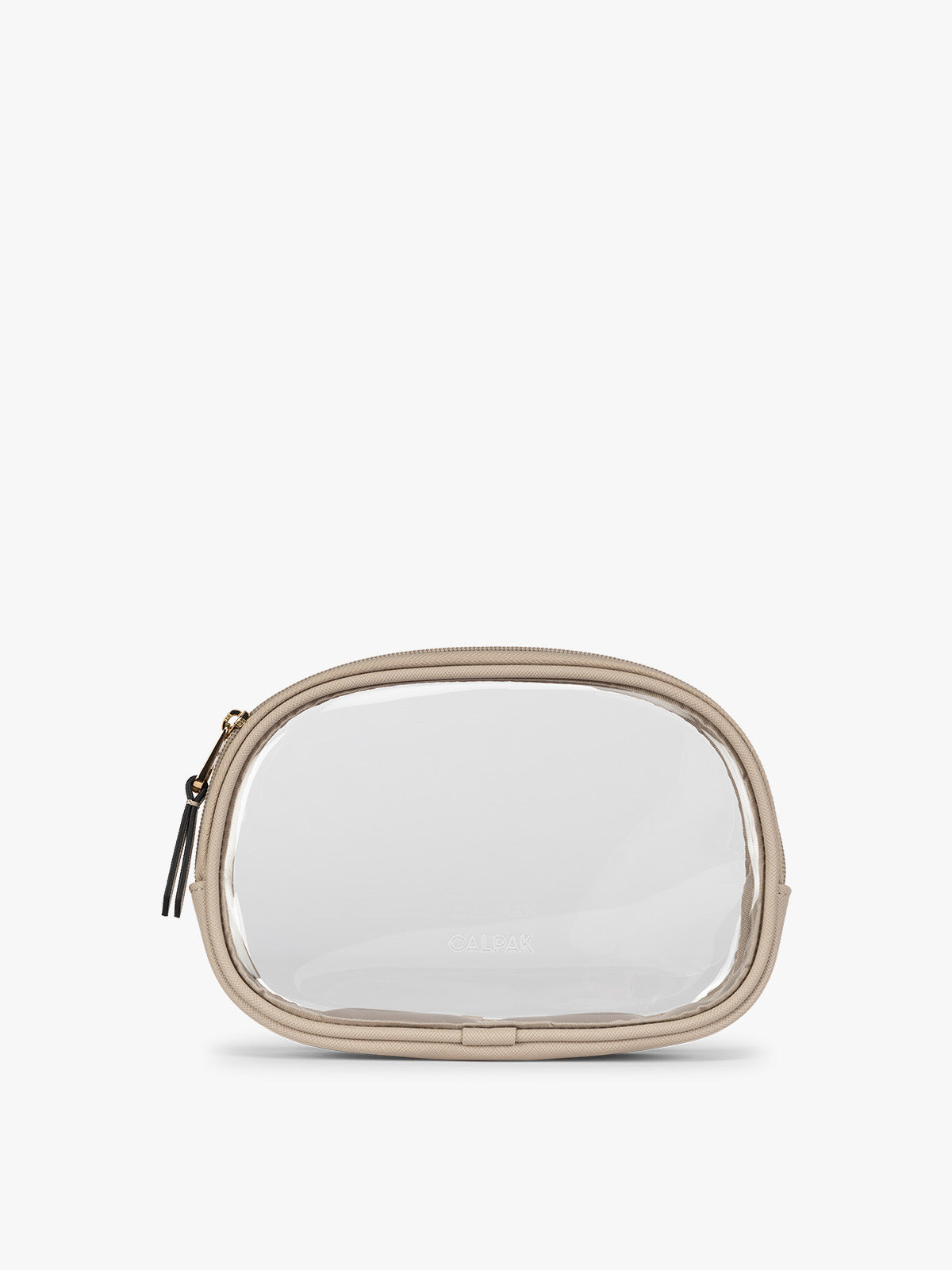 A clear zippered CALPAK Clear Quart Zip Pouch in with a tan Stone border and a small black tassel zipper pull, shown on a plain white background; CQZP2601-STONE