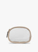 A clear zippered CALPAK Clear Quart Zip Pouch in with a tan Stone border and a small black tassel zipper pull, shown on a plain white background; CQZP2601-STONE