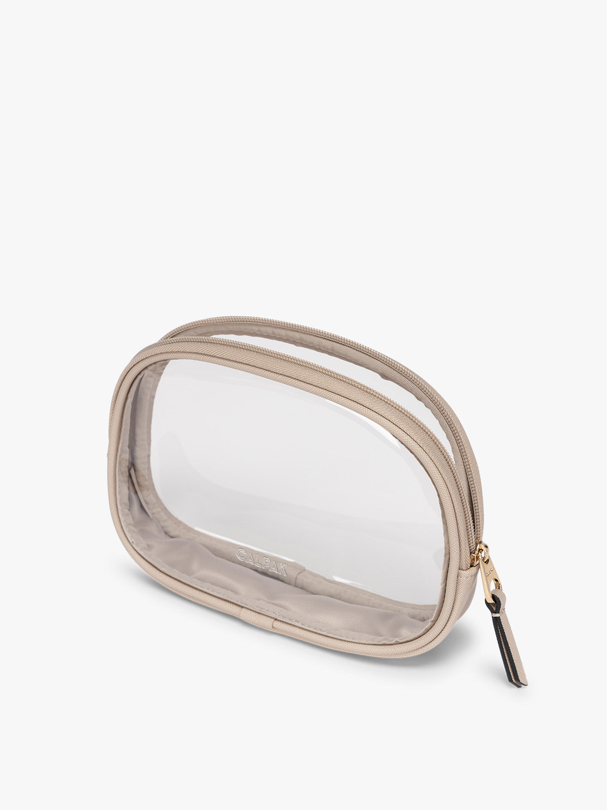 Side view of a clear zippered CALPAK Clear Quart Zip Pouch in with a tan Stone border and a small black tassel zipper pull, shown on a plain white background; CQZP2601-STONE