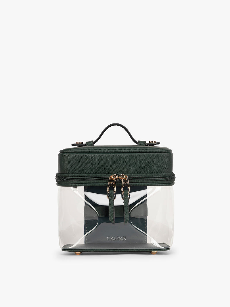 Clear Train Case with Top Compartment in Emerald