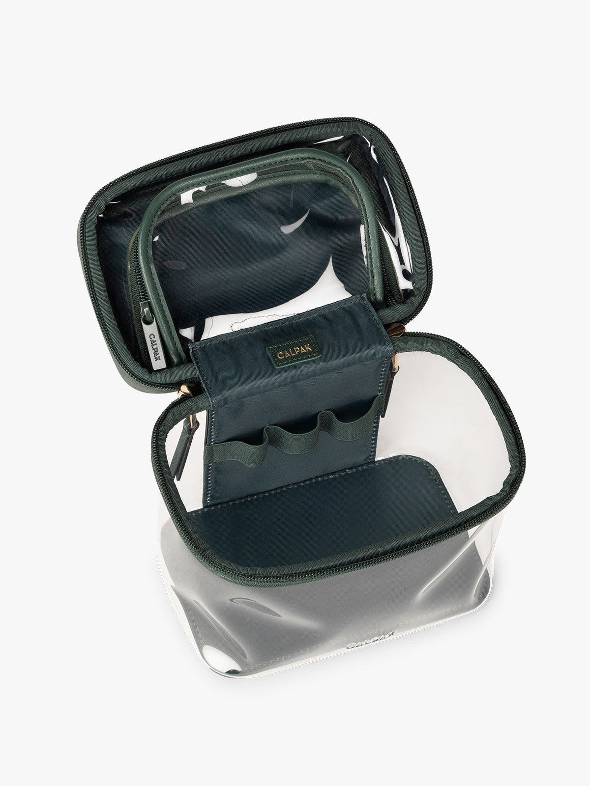 Clear Train Case with Top Compartment in Emerald | CALPAK