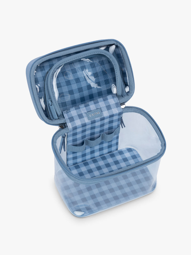 Opened CALPAK Clear Cosmetic Case in light blue French Blue