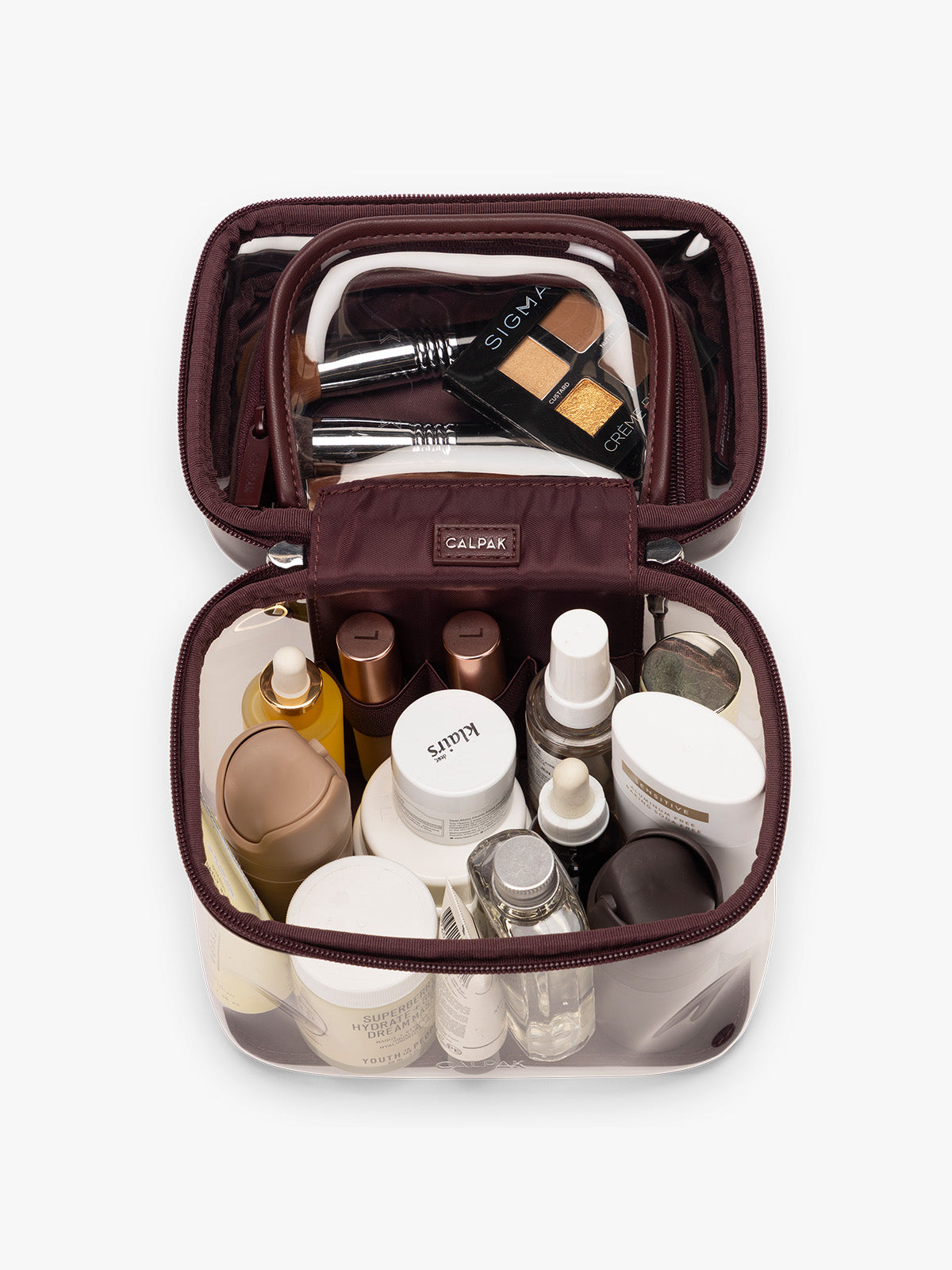 Clear Train Case with Top Compartment in Glazed Dark Cherry | CALPAK