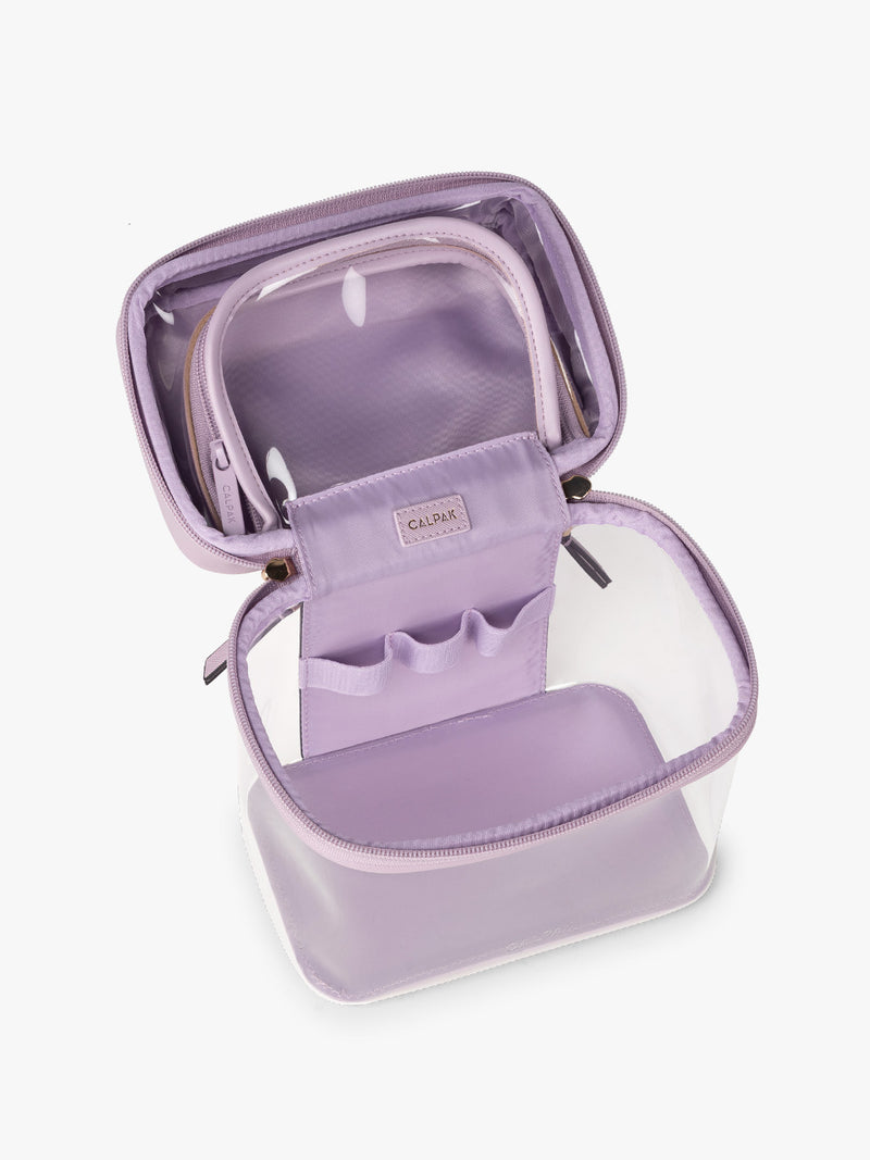 Opened view of CALPAK Clear Train Case in purple lavender
