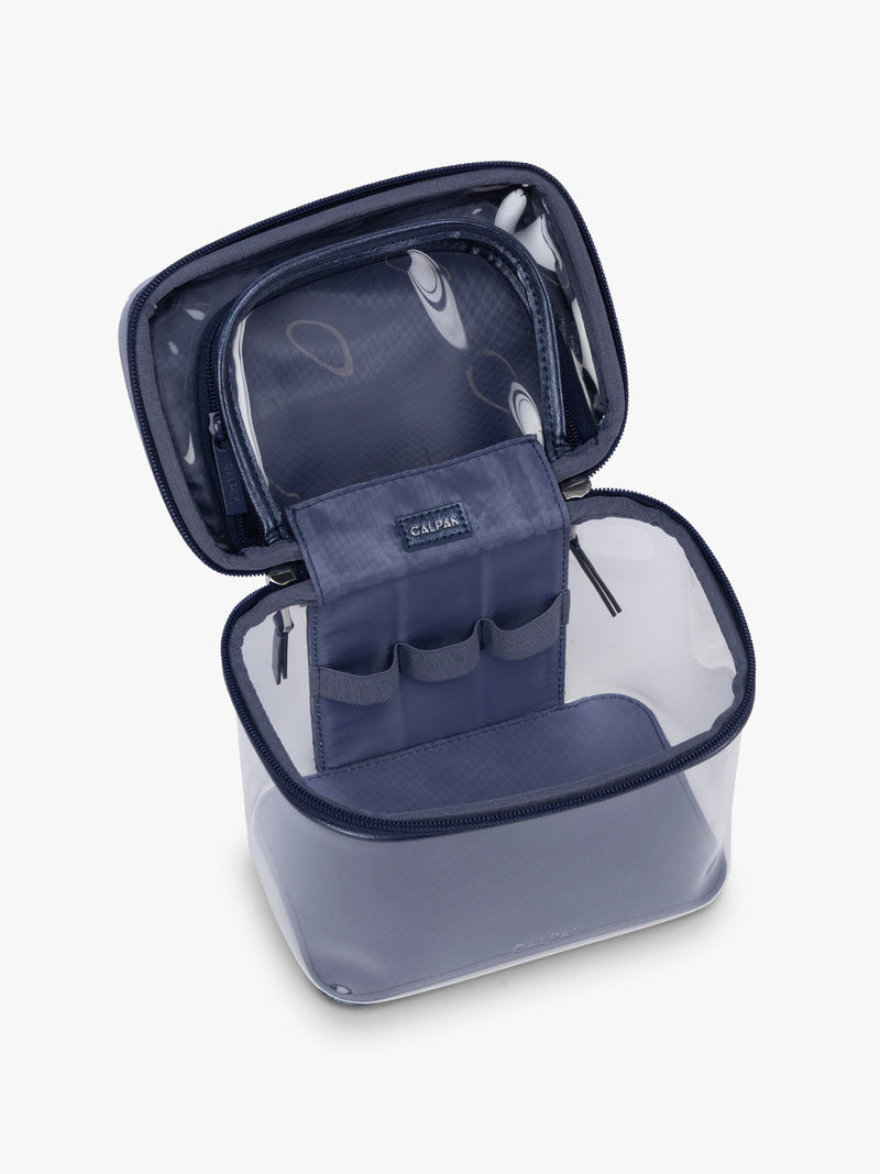 Opened CALPAK Clear Cosmetic Case in dark blue Metallic Blue