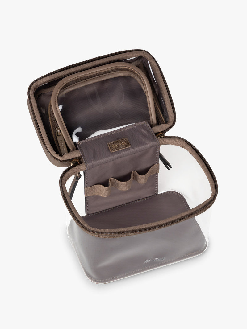 Opened view of CALPAK Clear Train Case in brown Mocha
