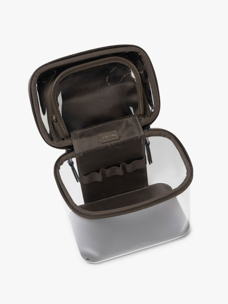 Opened view of CALPAK Clear Train Case in brown Mushroom