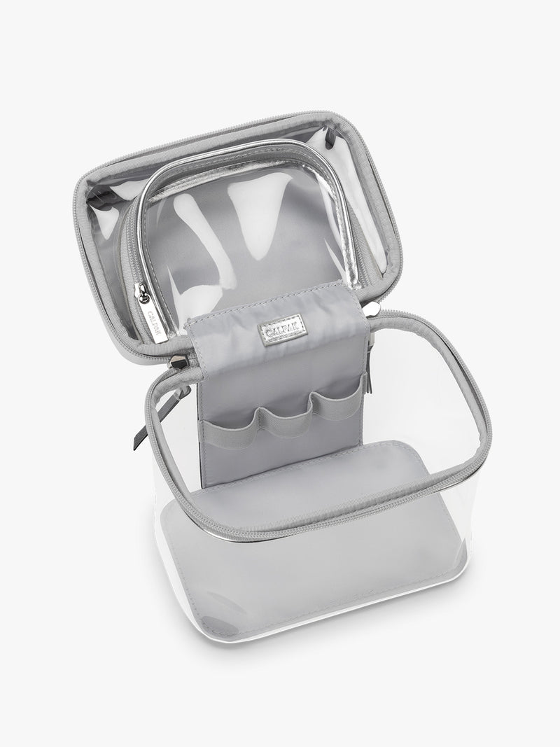 Open and empty CALPAK Clear Train Case in Silver
