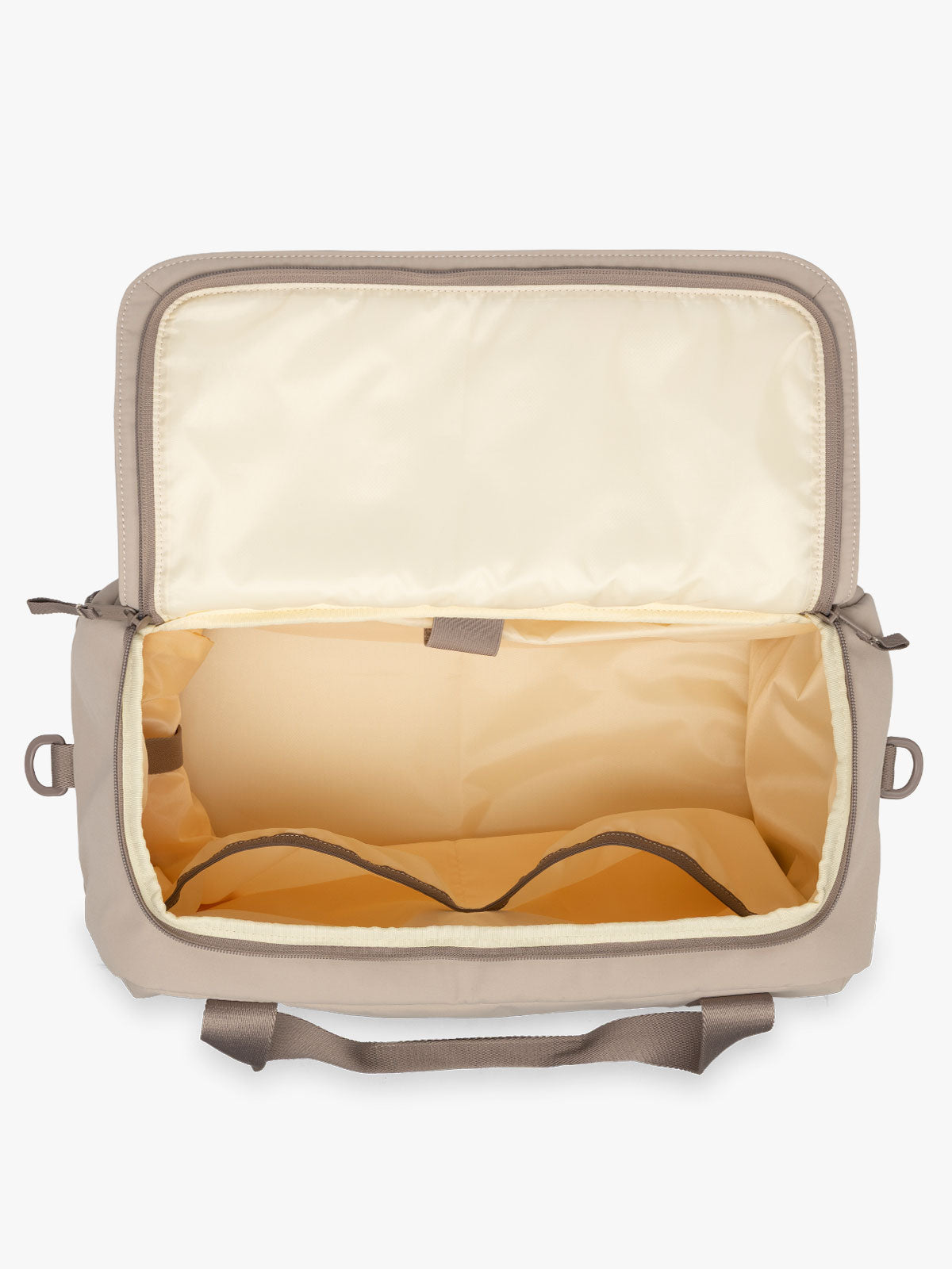 CALPAK Laptop Duffel in beige Greige opened view with white background; DCN2401-GREIGE