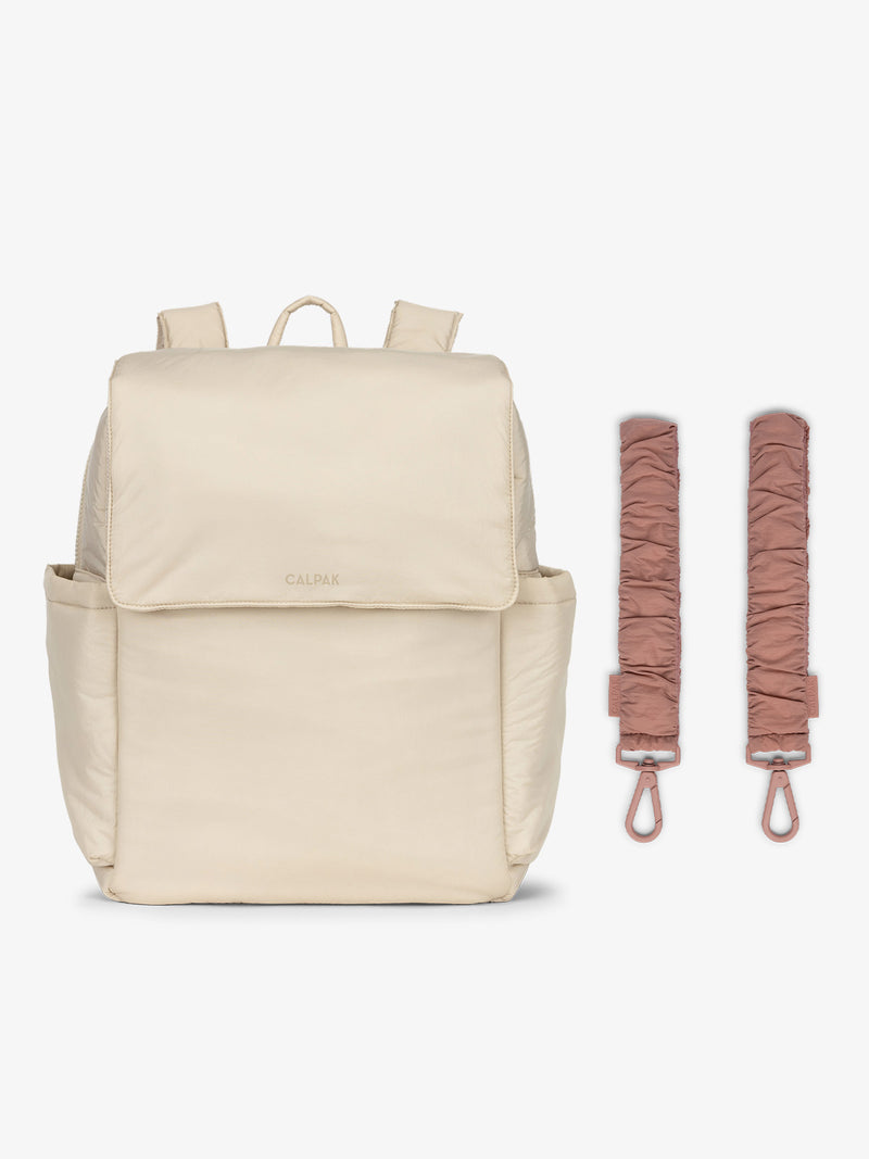 CALPAK Diaper Backpack in white Oatmeal with pink Peony Stroller Straps