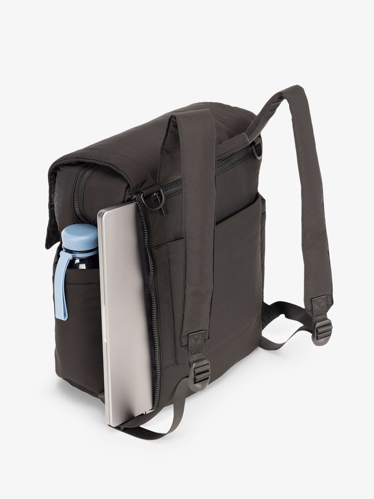 Black CALPAK diaper backpack with 14 inch laptop sleeve and adjustable shoulder straps