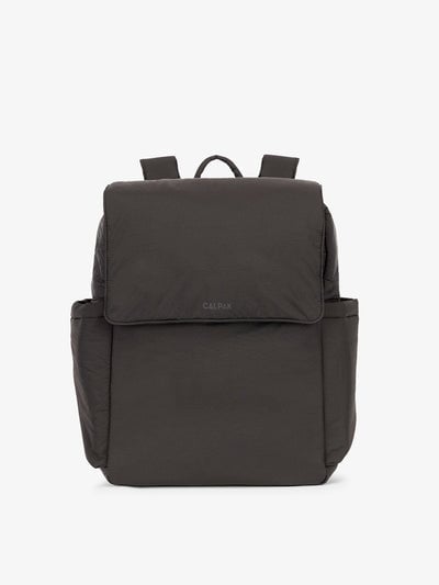 CALPAK diaper backpack with laptop sleeve featuring two insulated bottle pockets, transport handle, adjustable straps, and magnetic closure in black; BPB2401-BLACK, BBPB2401-BLACK