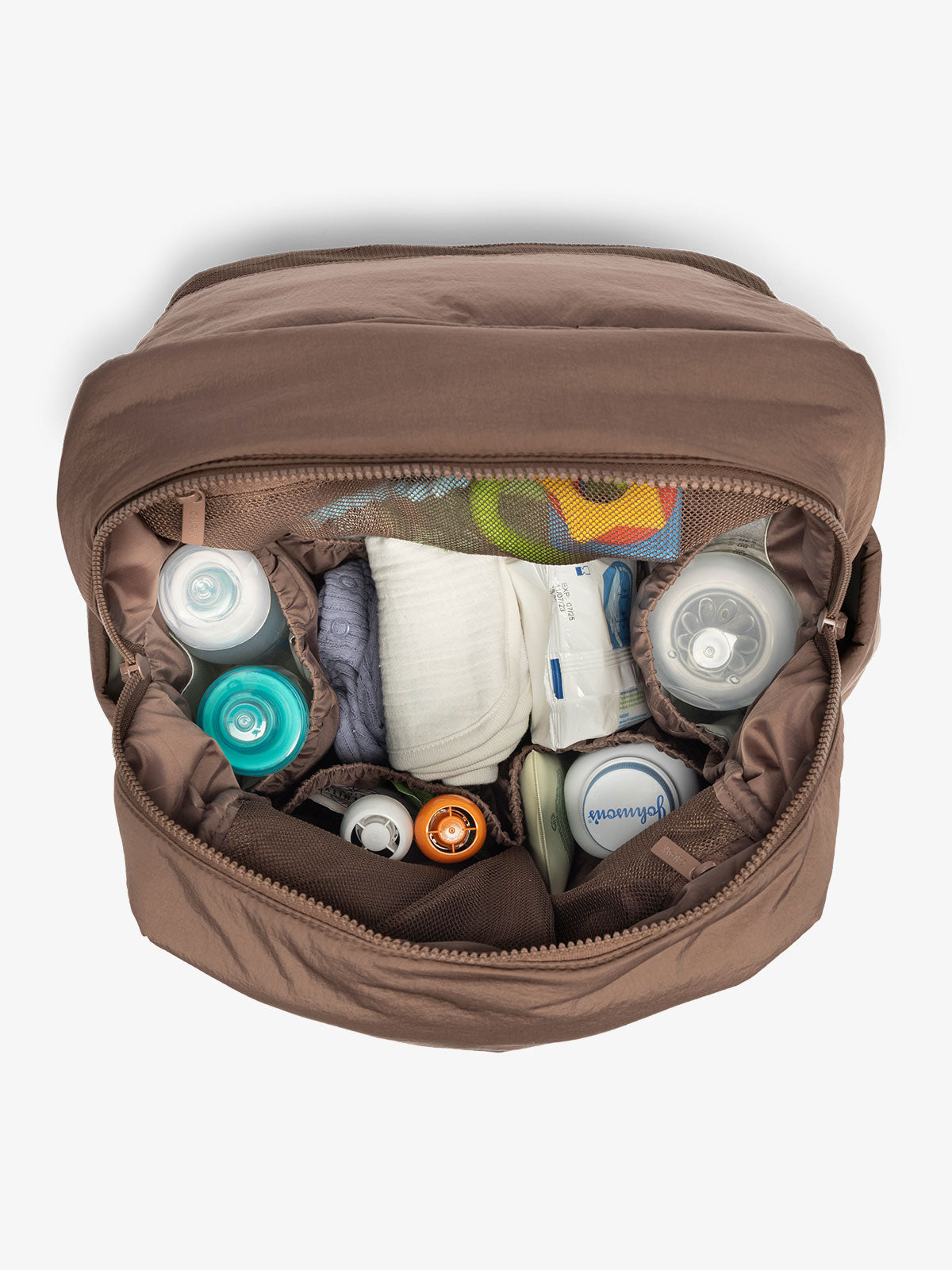 diaper backpack with laptop sleeve featuring multiple interior pockets and bottle pockets in brown hazelnut; BPB2401-HAZELNUT, BBPB2401-HAZELNUT