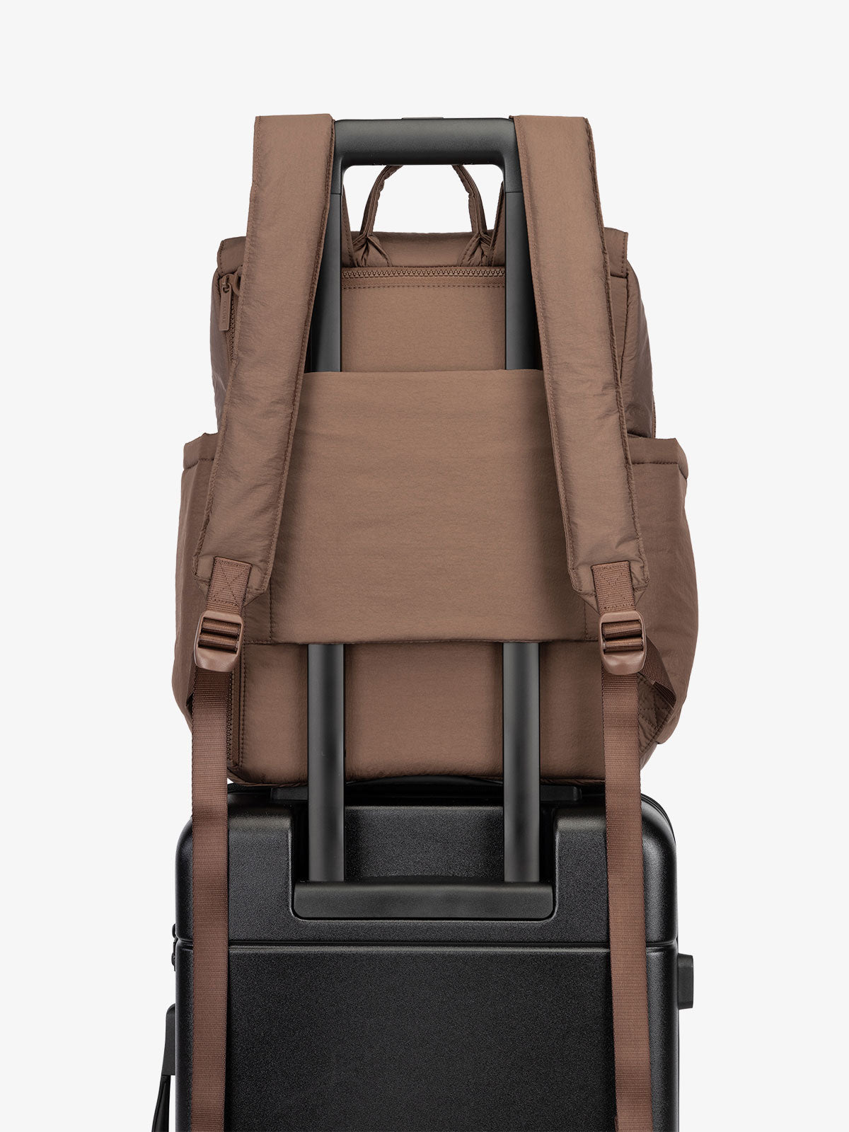 CALPAK Diaper Backpack with Laptop Sleeve featuring luggage trolley sleeve with hidden pocket in brown; BPB2401-HAZELNUT, BBPB2401-HAZELNUT