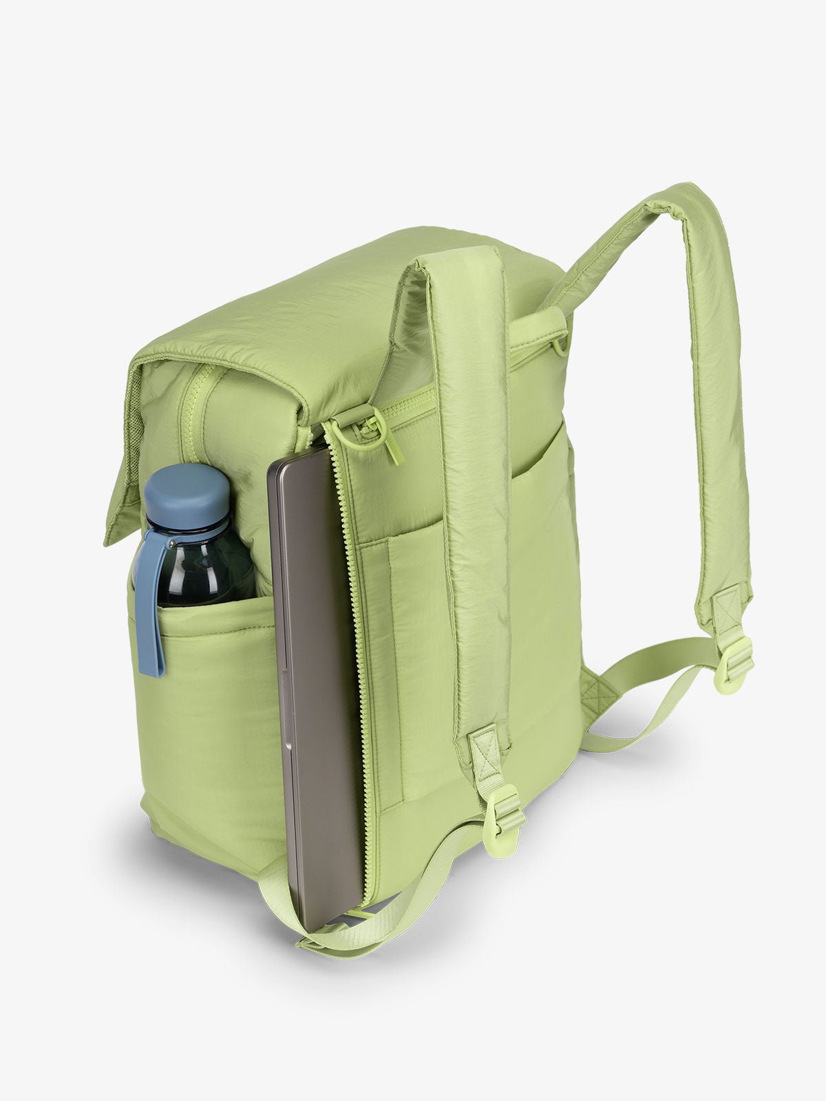 Green CALPAK diaper backpack with 14 inch laptop sleeve and adjustable shoulder straps