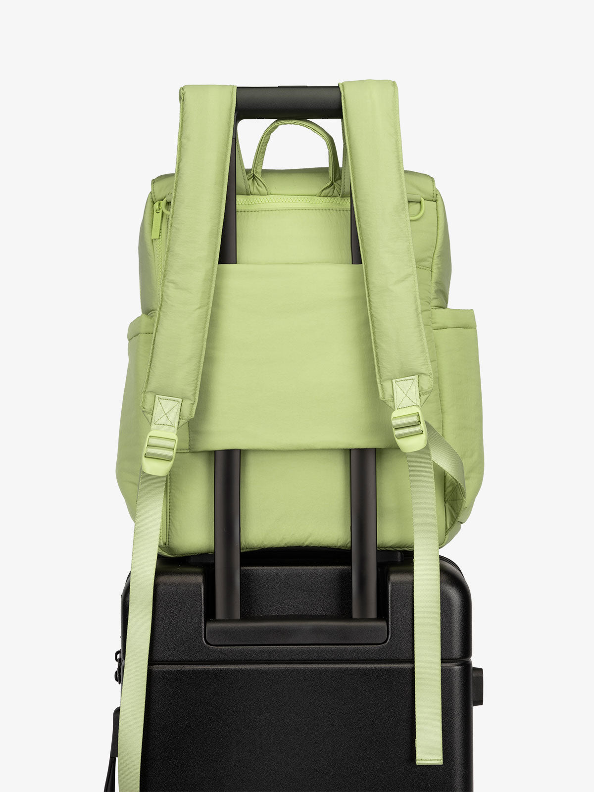 CALPAK Diaper Backpack with Laptop Sleeve featuring luggage trolley sleeve with hidden pocket in green; BPB2401-LIME, BBPB2401-LIME