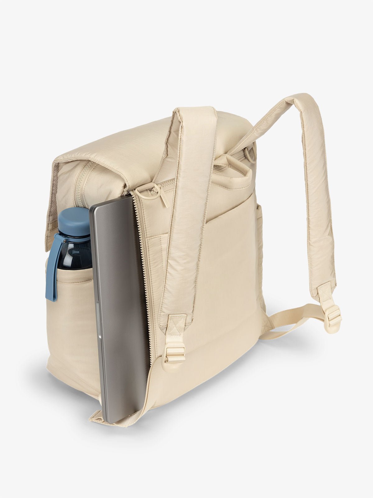 Beige CALPAK diaper backpack with 14 inch laptop sleeve and adjustable shoulder straps