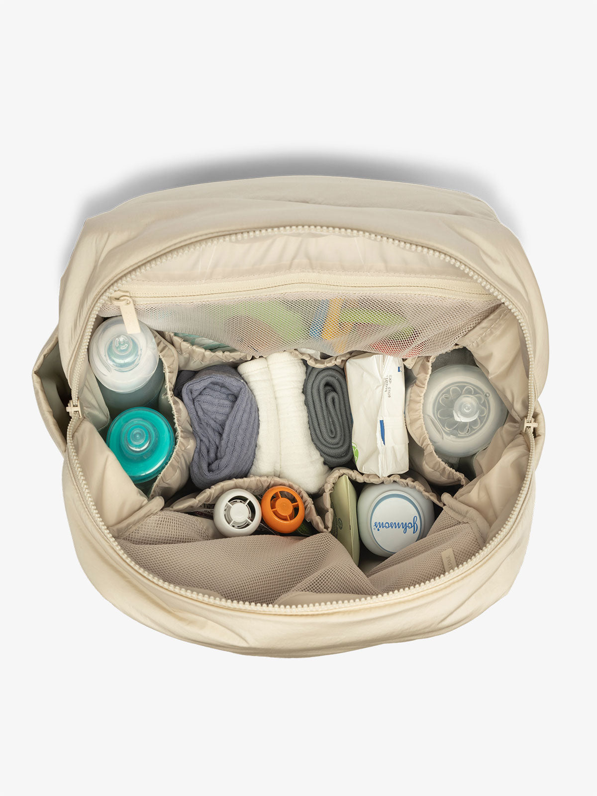 diaper backpack with laptop sleeve featuring multiple interior pockets and bottle pockets in beige oatmeal; BPB2401-OATMEAL, BBPB2401-OATMEAL