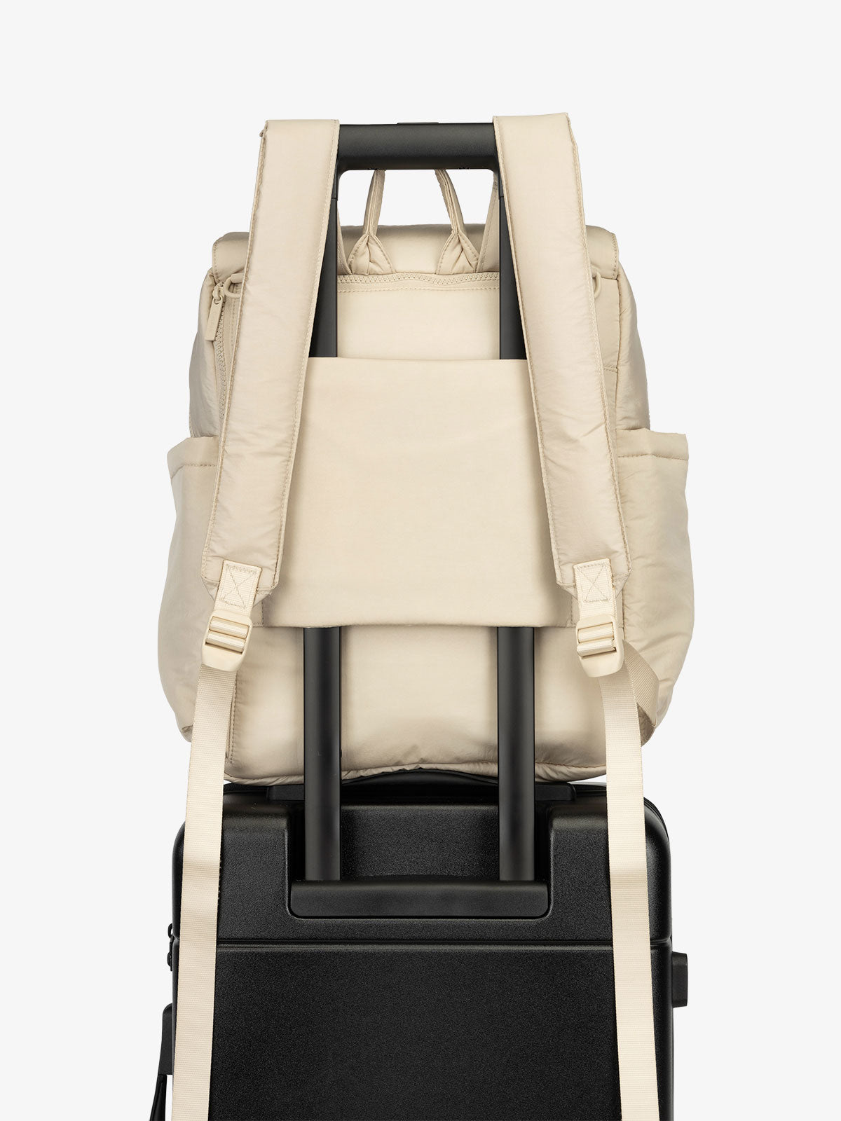 CALPAK Diaper Backpack with Laptop Sleeve featuring luggage trolley sleeve with hidden pocket in beige; BPB2401-OATMEAL, BBPB2401-OATMEAL