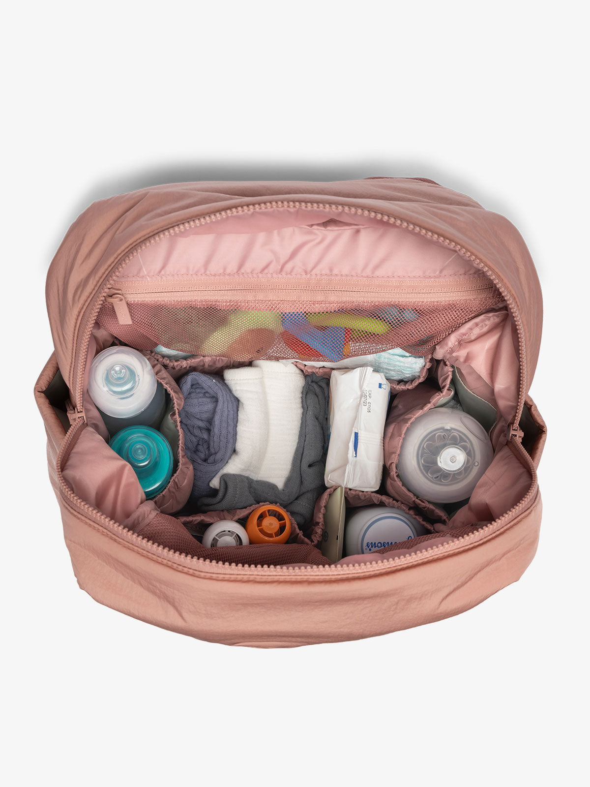 diaper backpack with laptop sleeve featuring multiple interior pockets and bottle pockets in peony pink; BPB2401-PEONY, BBPB2401-PEONY