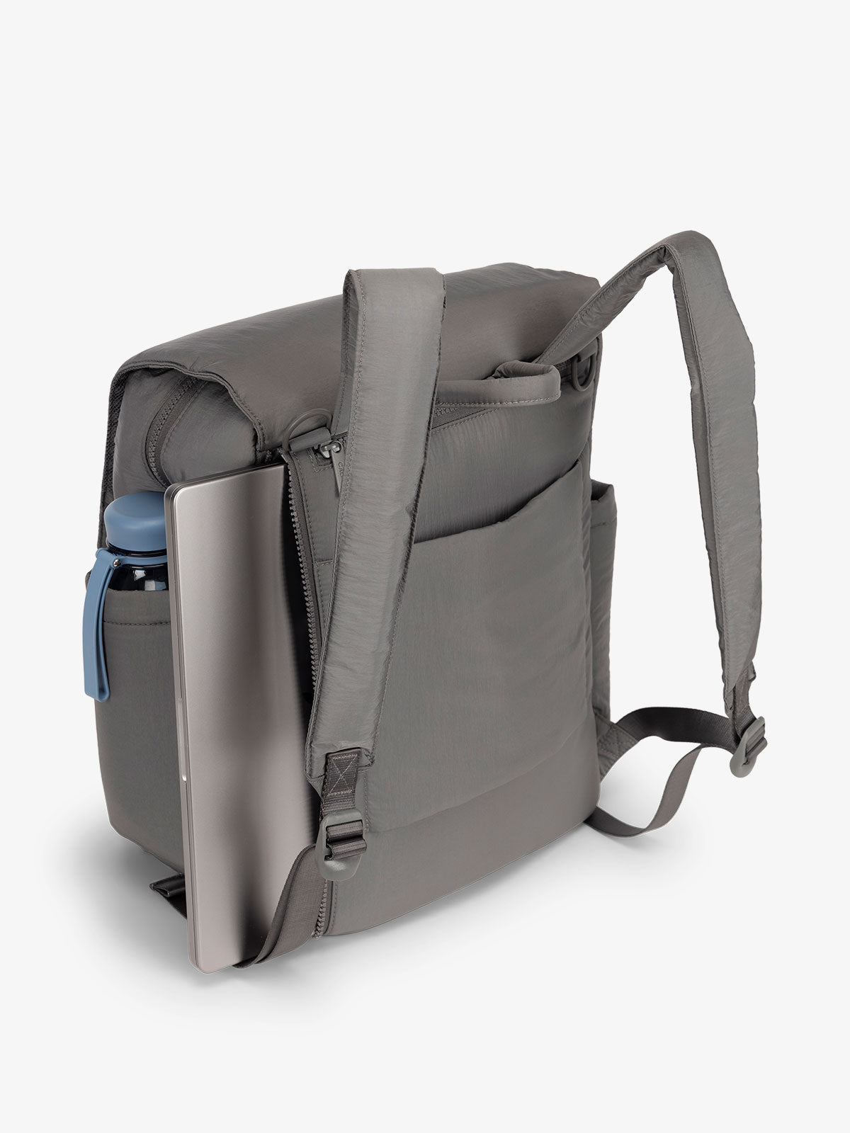 Gray CALPAK diaper backpack with 14 inch laptop sleeve and adjustable shoulder straps; BPB2401-SLATE, BBPB2401-SLATE