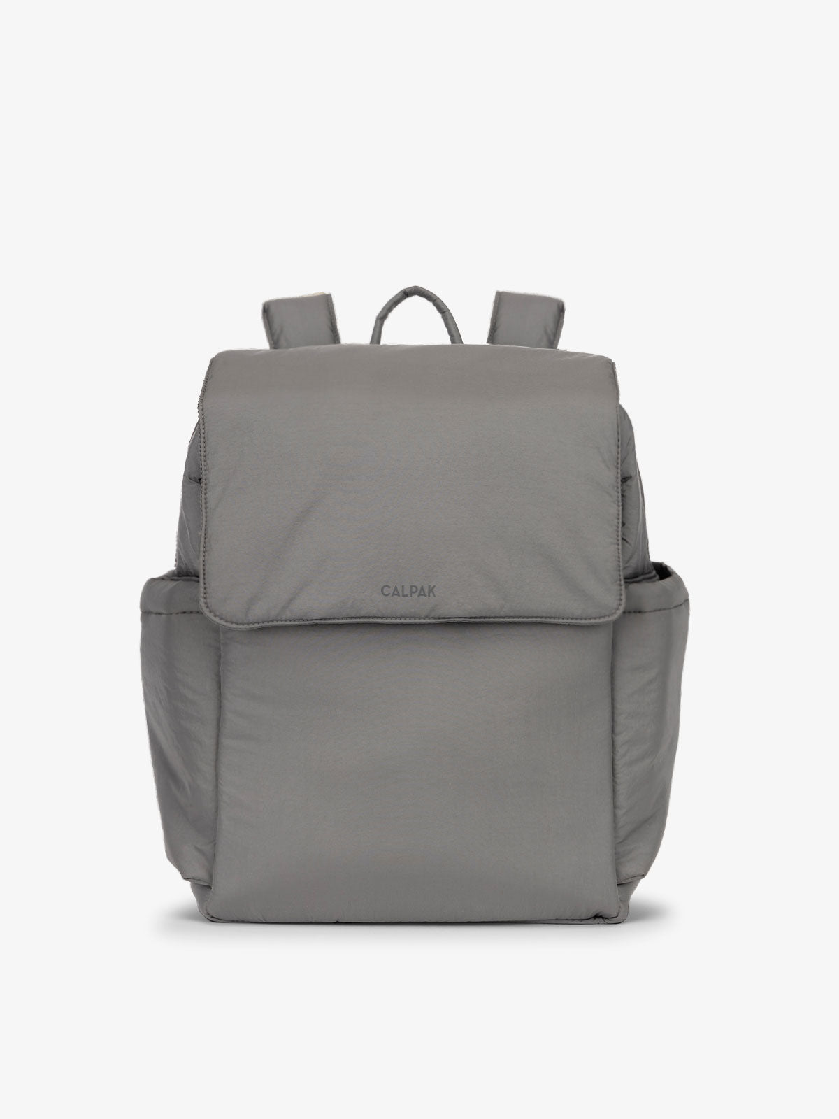 CALPAK diaper backpack with laptop sleeve featuring two insulated bottle pockets, transport handle, adjustable straps, and magnetic closure in slate; BPB2401-SLATE, BBPB2401-SLATE