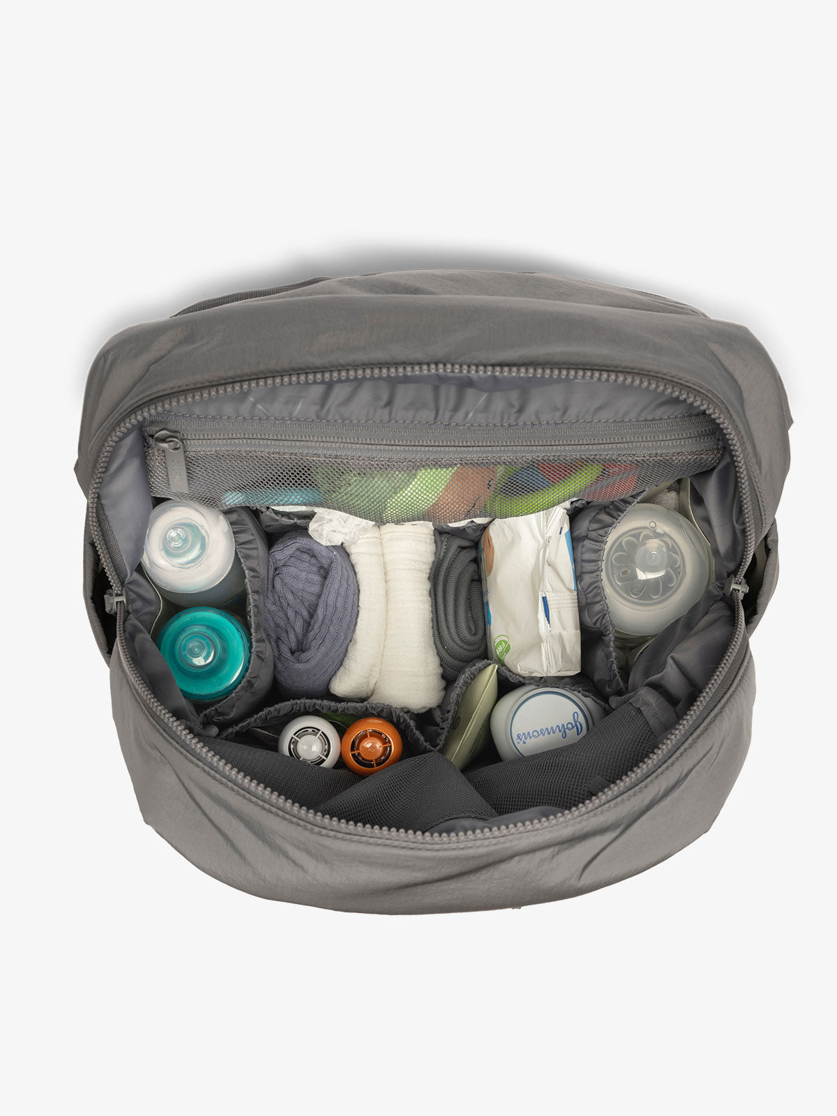diaper backpack with laptop sleeve featuring multiple interior pockets and bottle pockets in gray slate; BPB2401-SLATE, BBPB2401-SLATE