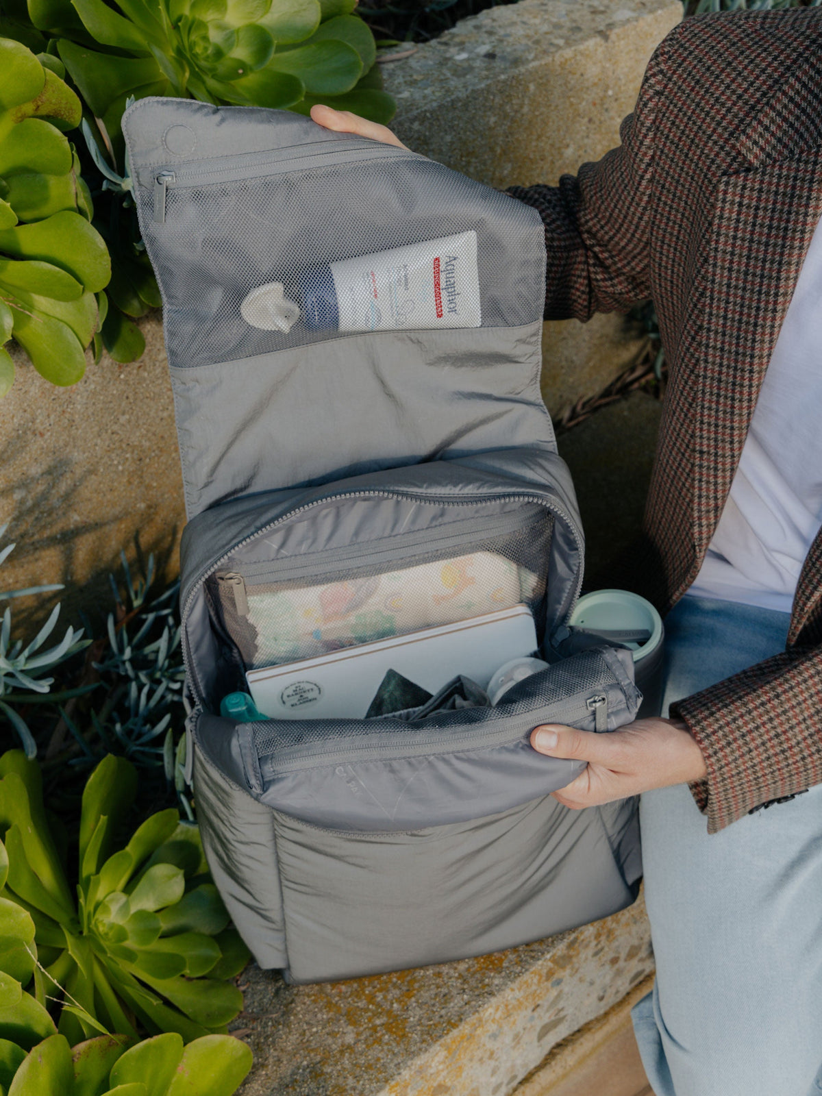 CALPAK Diaper Backpack with Laptop Sleeve with multiple interior pockets in slate; BPB2401-SLATE, BBPB2401-SLATE