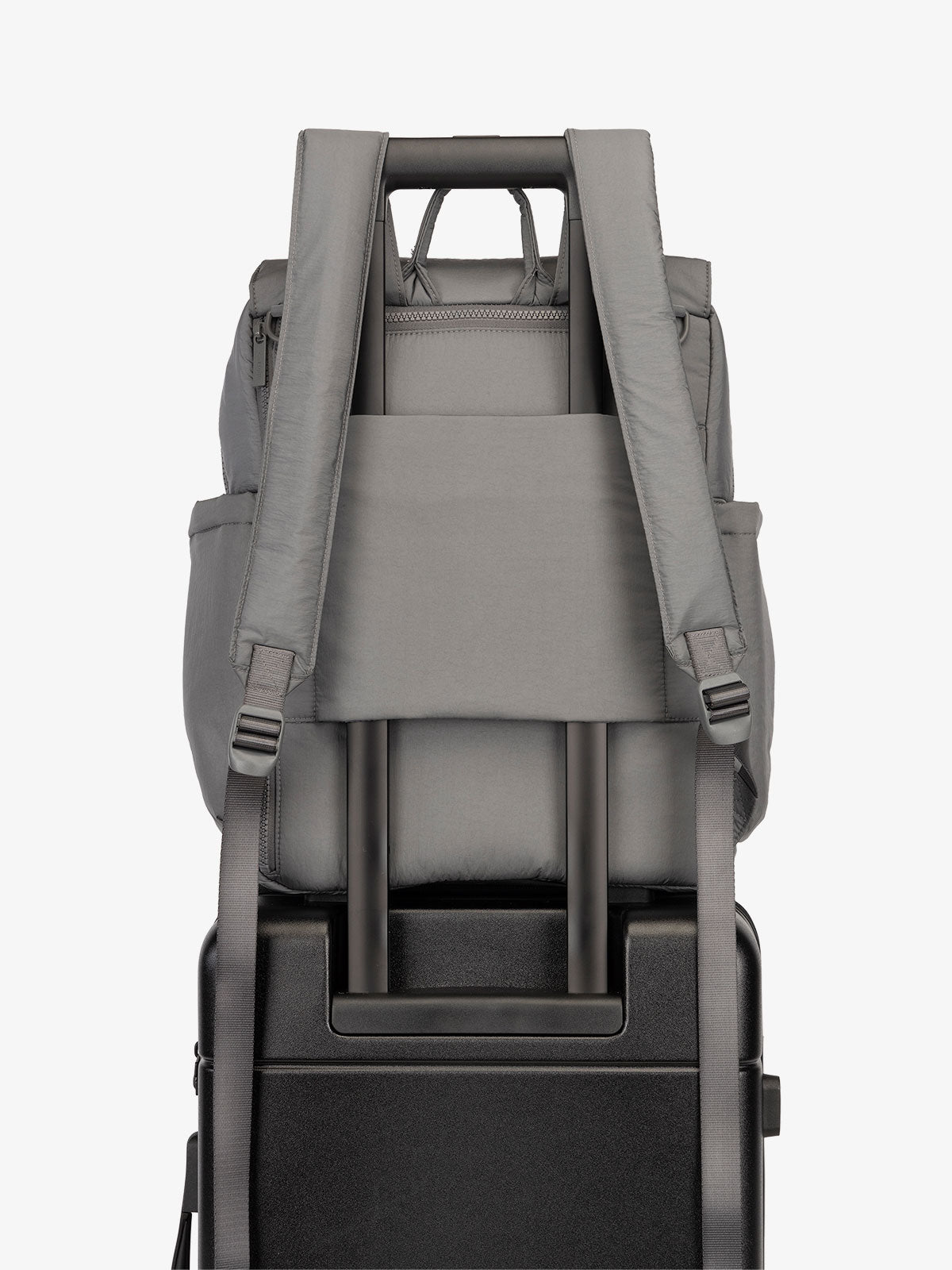 CALPAK Diaper Backpack with Laptop Sleeve featuring luggage trolley sleeve with hidden pocket in gray; BPB2401-SLATE, BBPB2401-SLATE