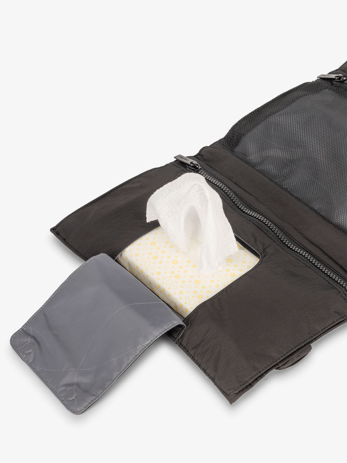 CALPAK diaper changing pad organizer with designated pocket for baby wipes in black; CPB2402-BLACK