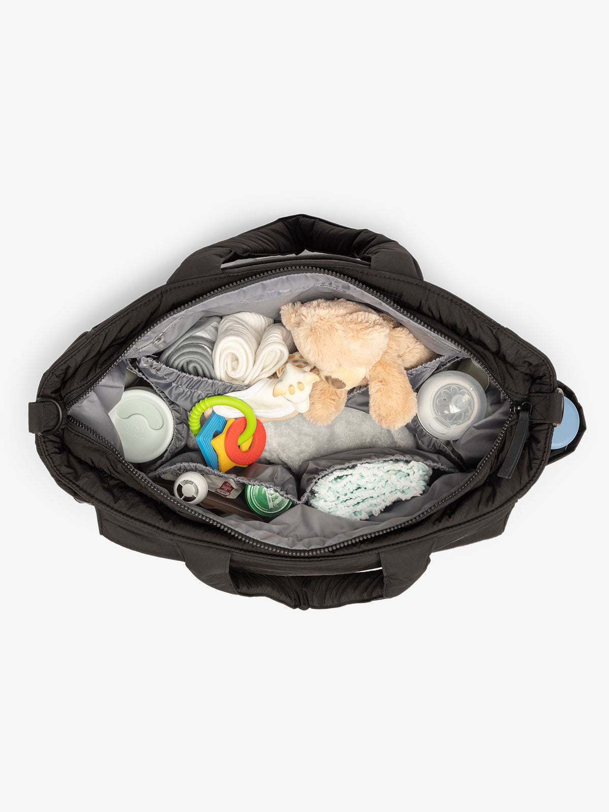 CALPAK Diaper Tote Bag with Laptop Sleeve featuring multiple interior pockets in black; TBB2401-BLACK